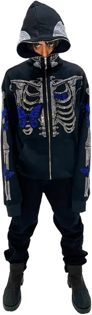 Women Men Zip Up Oversize Hoodie Gothic Skeleton Butterfly Rhinestones Graphic Sweatshirt Jacket Pullover Cardigan Streetwear