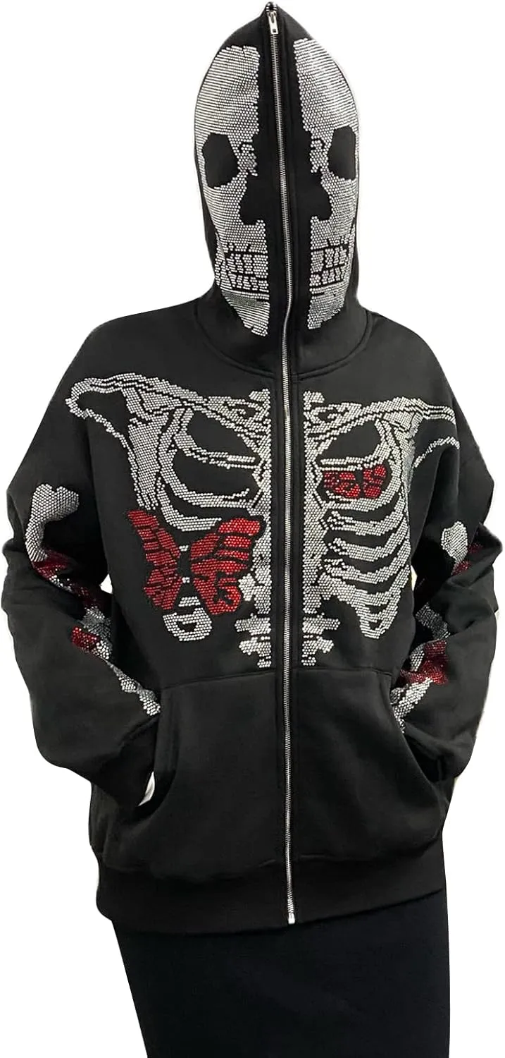 Women Men Zip Up Oversize Hoodie Gothic Skeleton Butterfly Rhinestones Graphic Sweatshirt Jacket Pullover Cardigan Streetwear