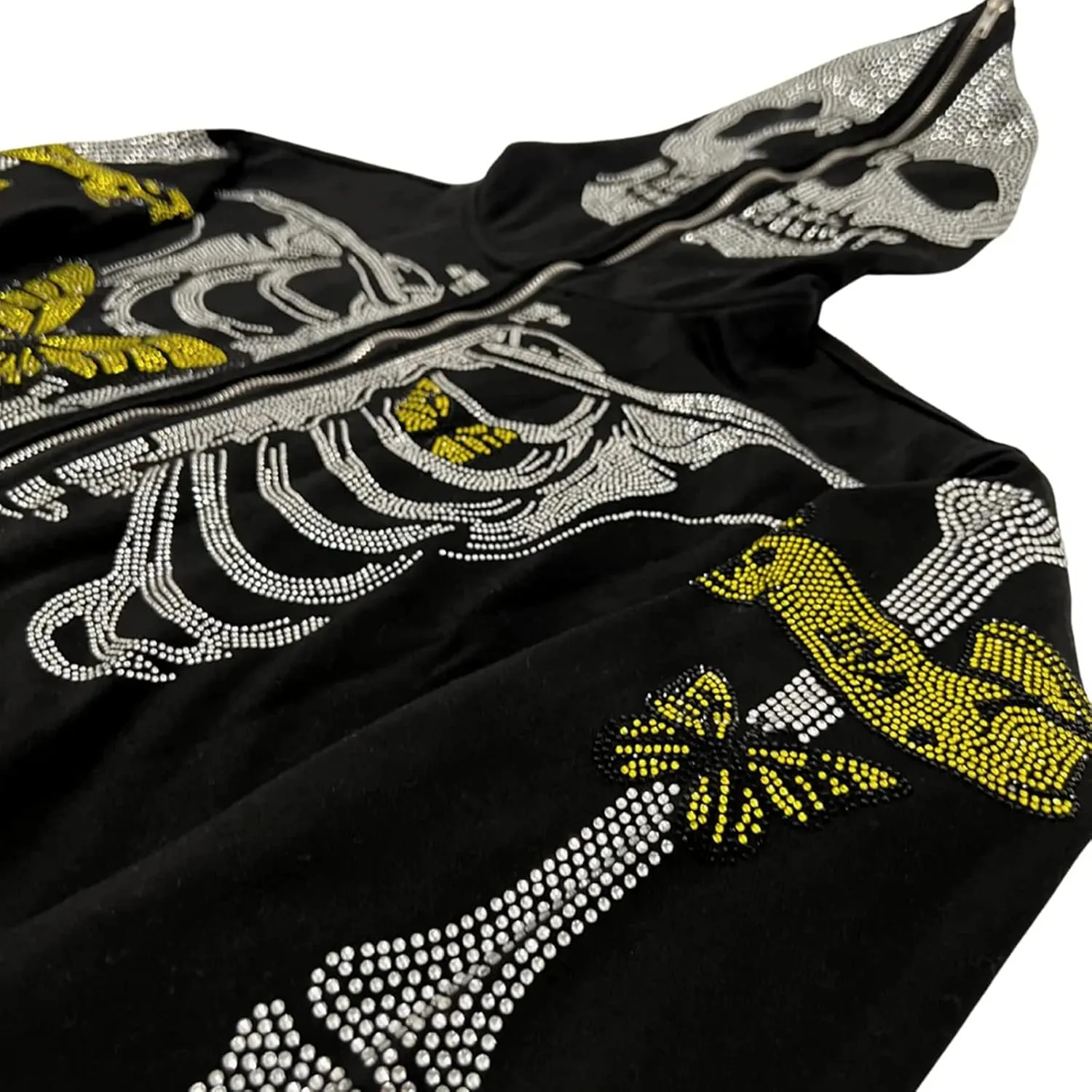 Women Men Zip Up Oversize Hoodie Gothic Skeleton Butterfly Rhinestones Graphic Sweatshirt Jacket Pullover Cardigan Streetwear