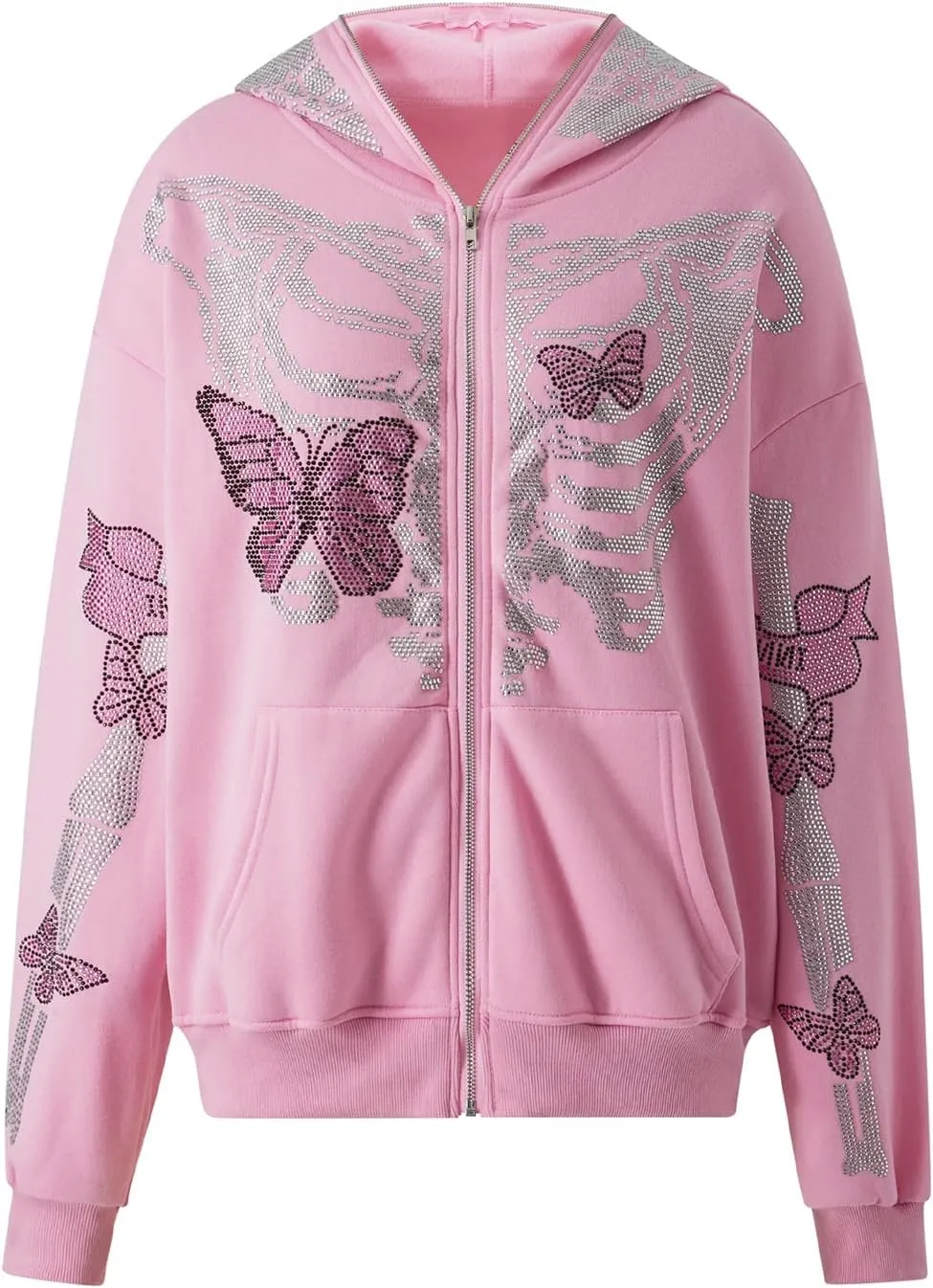 Women Men Zip Up Oversize Hoodie Gothic Skeleton Butterfly Rhinestones Graphic Sweatshirt Jacket Pullover Cardigan Streetwear