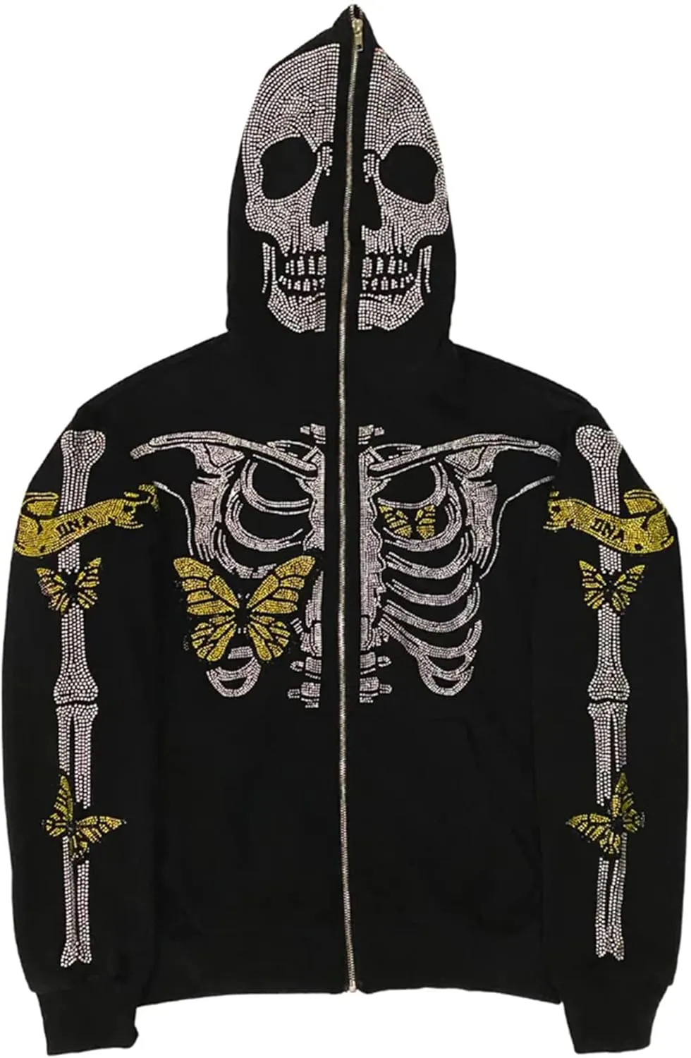 Women Men Zip Up Oversize Hoodie Gothic Skeleton Butterfly Rhinestones Graphic Sweatshirt Jacket Pullover Cardigan Streetwear