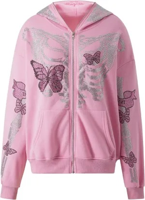 Women Men Zip Up Oversize Hoodie Gothic Skeleton Butterfly Rhinestones Graphic Sweatshirt Jacket Pullover Cardigan Streetwear
