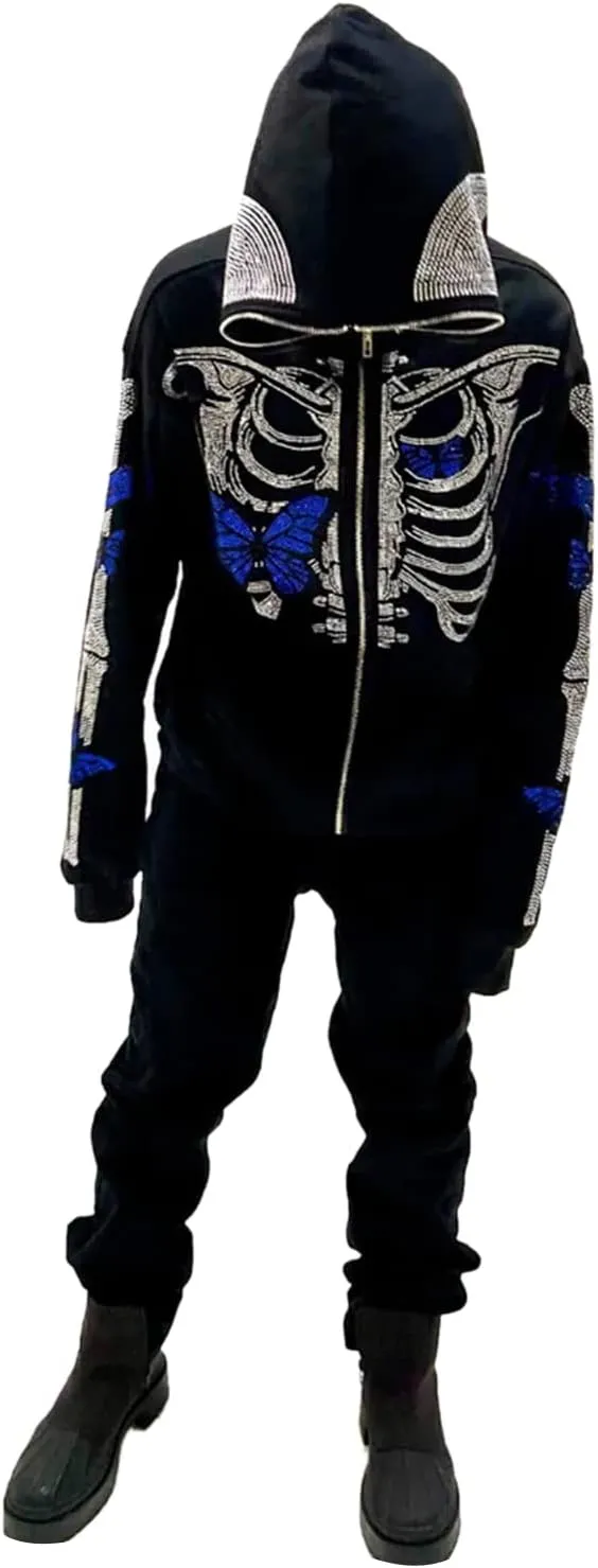 Women Men Zip Up Oversize Hoodie Gothic Skeleton Butterfly Rhinestones Graphic Sweatshirt Jacket Pullover Cardigan Streetwear