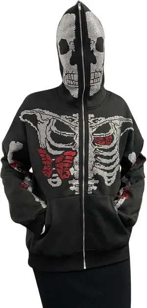 Women Men Zip Up Oversize Hoodie Gothic Skeleton Butterfly Rhinestones Graphic Sweatshirt Jacket Pullover Cardigan Streetwear