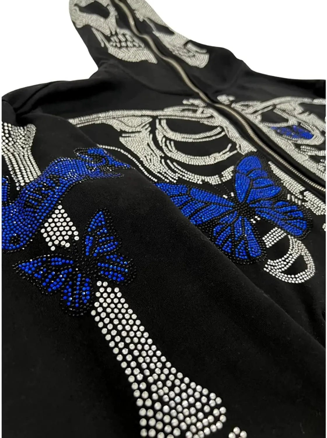 Women Men Zip Up Oversize Hoodie Gothic Skeleton Butterfly Rhinestones Graphic Sweatshirt Jacket Pullover Cardigan Streetwear