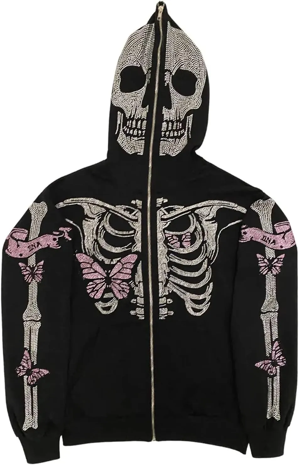Women Men Zip Up Oversize Hoodie Gothic Skeleton Butterfly Rhinestones Graphic Sweatshirt Jacket Pullover Cardigan Streetwear