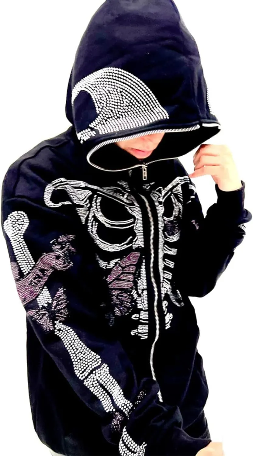Women Men Zip Up Oversize Hoodie Gothic Skeleton Butterfly Rhinestones Graphic Sweatshirt Jacket Pullover Cardigan Streetwear