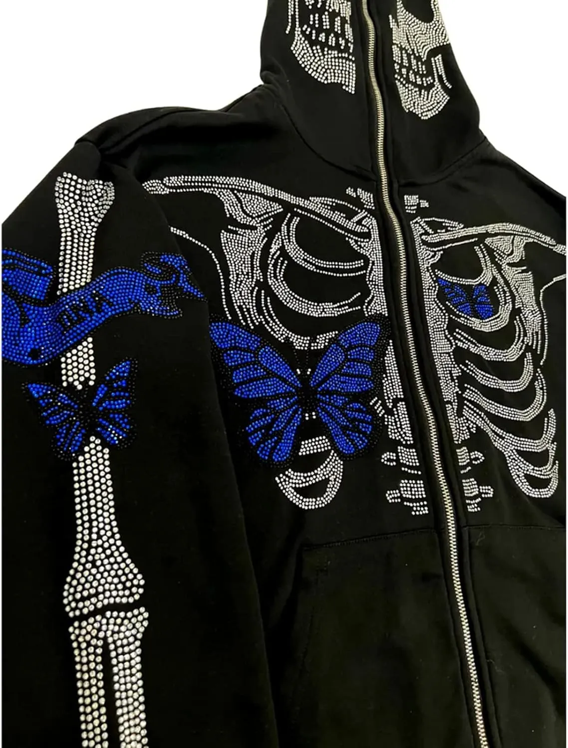 Women Men Zip Up Oversize Hoodie Gothic Skeleton Butterfly Rhinestones Graphic Sweatshirt Jacket Pullover Cardigan Streetwear