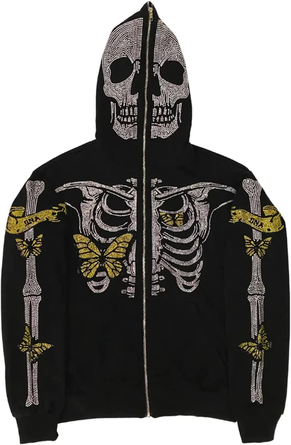 Women Men Zip Up Oversize Hoodie Gothic Skeleton Butterfly Rhinestones Graphic Sweatshirt Jacket Pullover Cardigan Streetwear