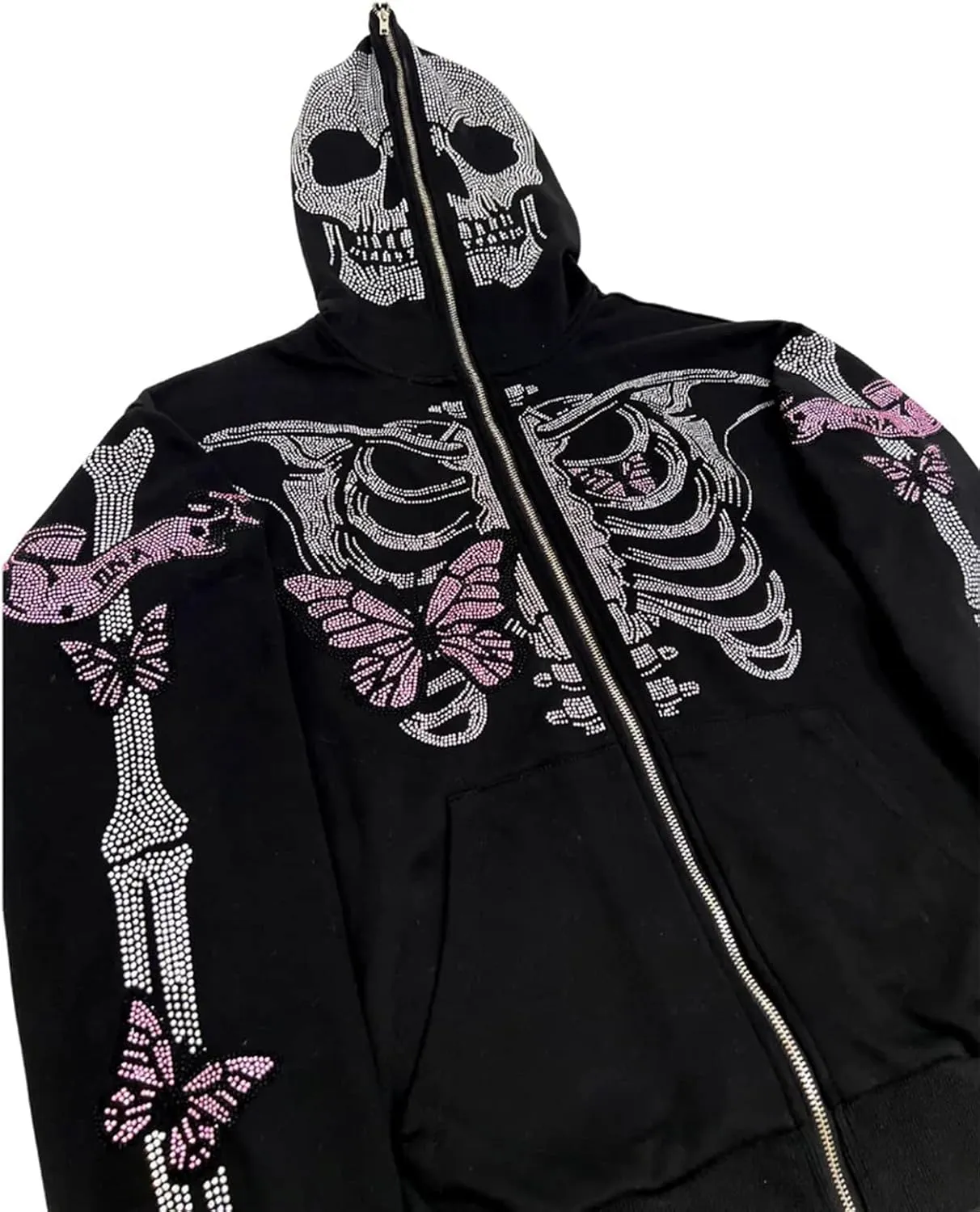 Women Men Zip Up Oversize Hoodie Gothic Skeleton Butterfly Rhinestones Graphic Sweatshirt Jacket Pullover Cardigan Streetwear