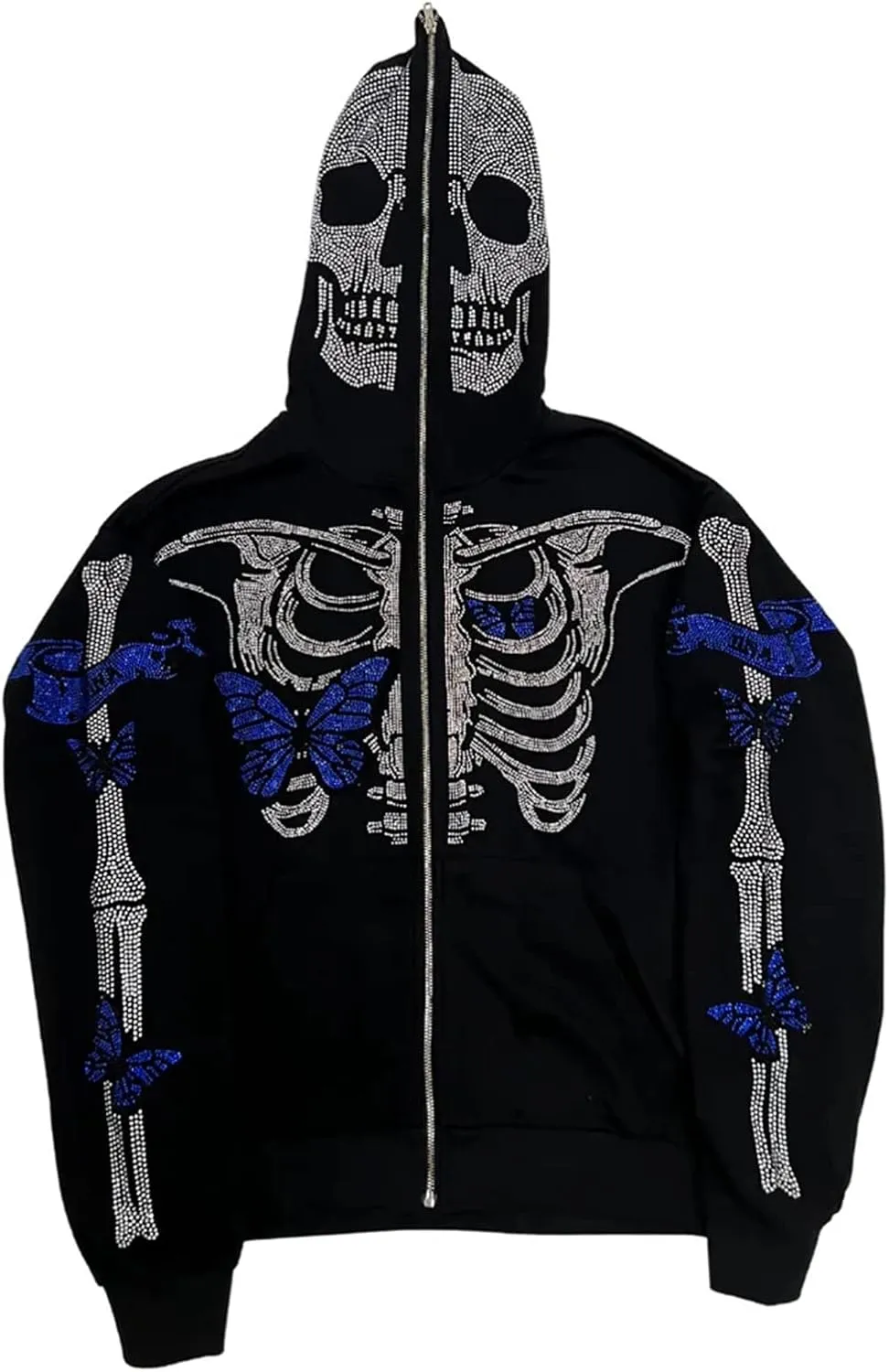 Women Men Zip Up Oversize Hoodie Gothic Skeleton Butterfly Rhinestones Graphic Sweatshirt Jacket Pullover Cardigan Streetwear