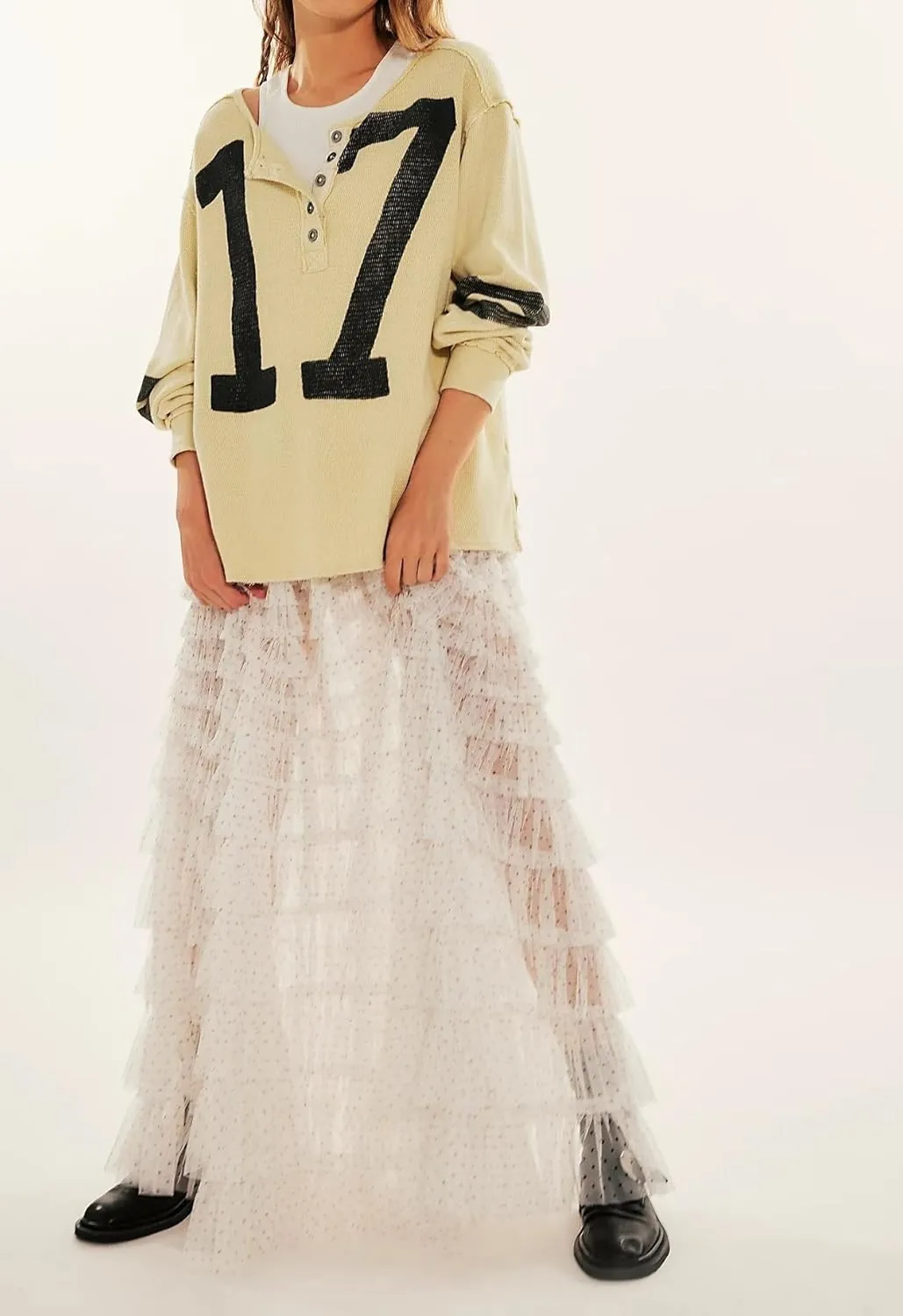 Women Ruffle Lace Maxi Skirt Elastic Waist Layered See Through Sheer Mesh Long Skirts Tutu Tulle Festival Skirt