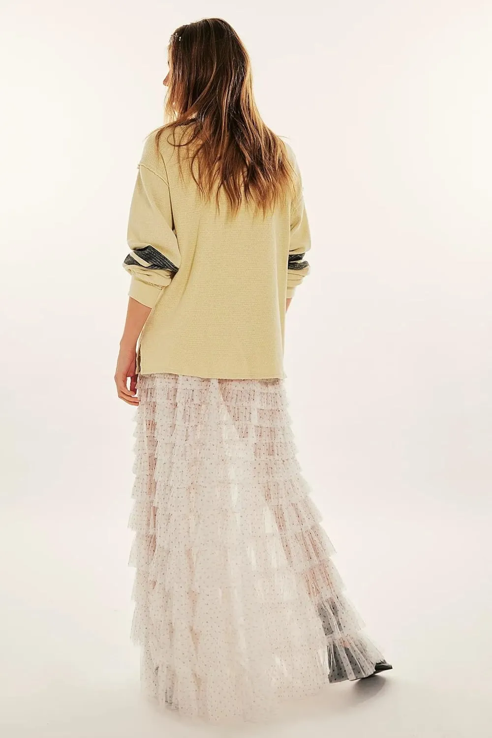 Women Ruffle Lace Maxi Skirt Elastic Waist Layered See Through Sheer Mesh Long Skirts Tutu Tulle Festival Skirt