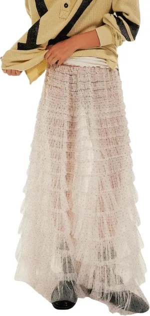 Women Ruffle Lace Maxi Skirt Elastic Waist Layered See Through Sheer Mesh Long Skirts Tutu Tulle Festival Skirt