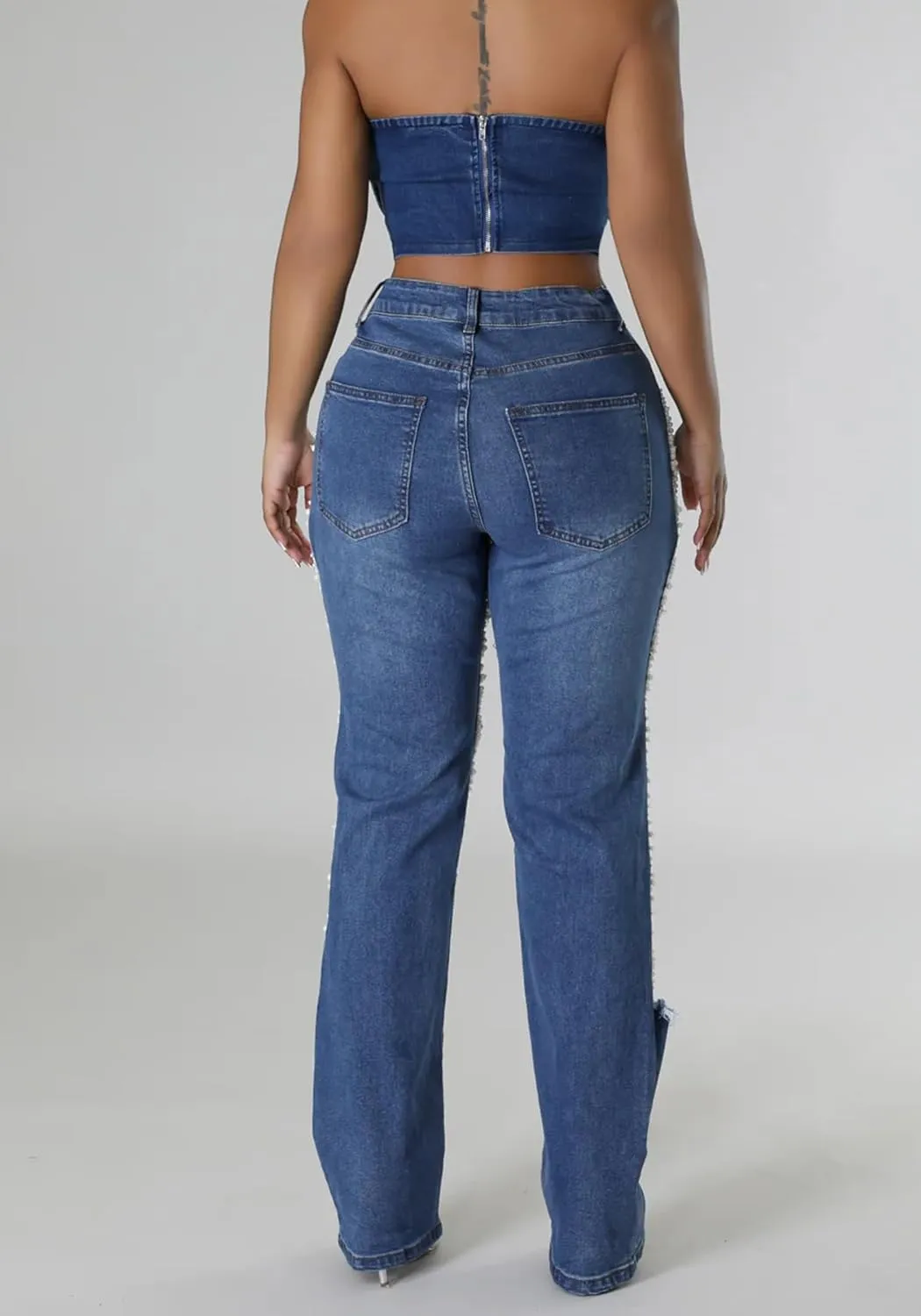 Women Sexy Rhinestone Ripped Jeans High Waist Cutout Pearl Chains Straight Wide Leg Denim Pants for Party Club Night