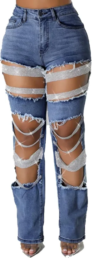 Women Sexy Rhinestone Ripped Jeans High Waist Cutout Pearl Chains Straight Wide Leg Denim Pants for Party Club Night