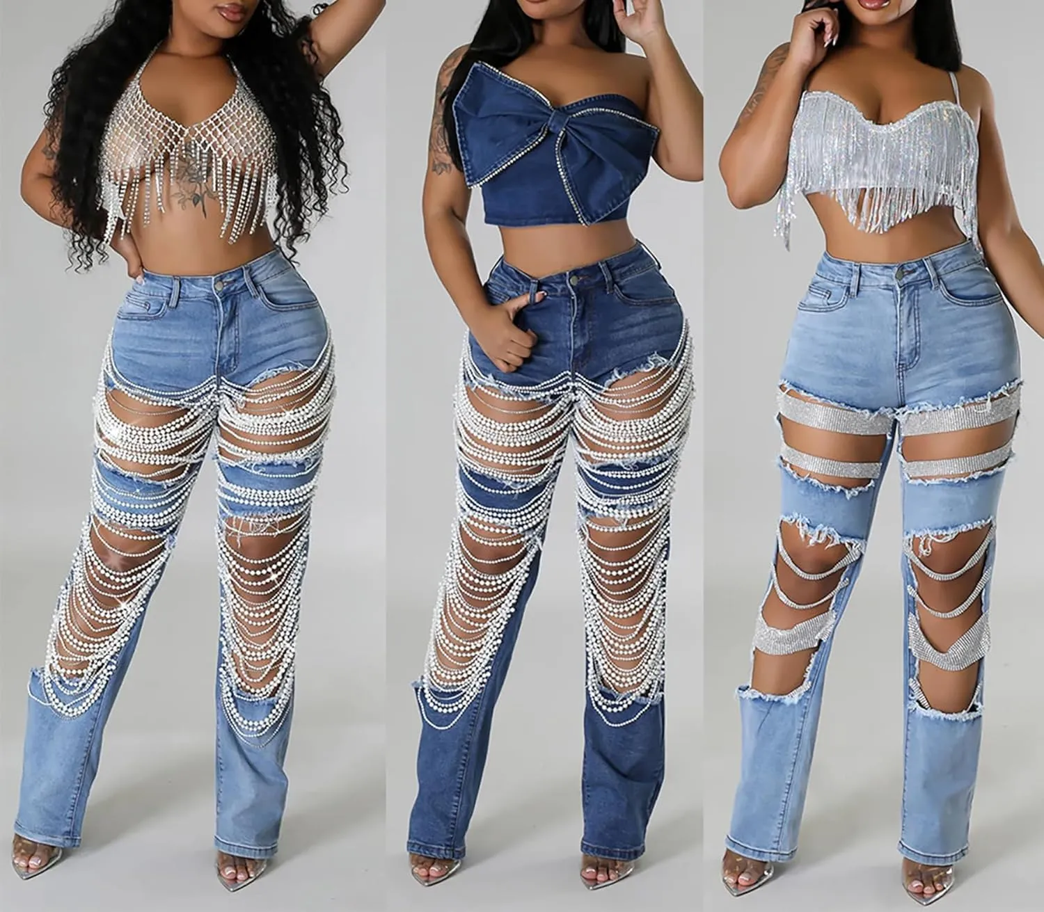 Women Sexy Rhinestone Ripped Jeans High Waist Cutout Pearl Chains Straight Wide Leg Denim Pants for Party Club Night