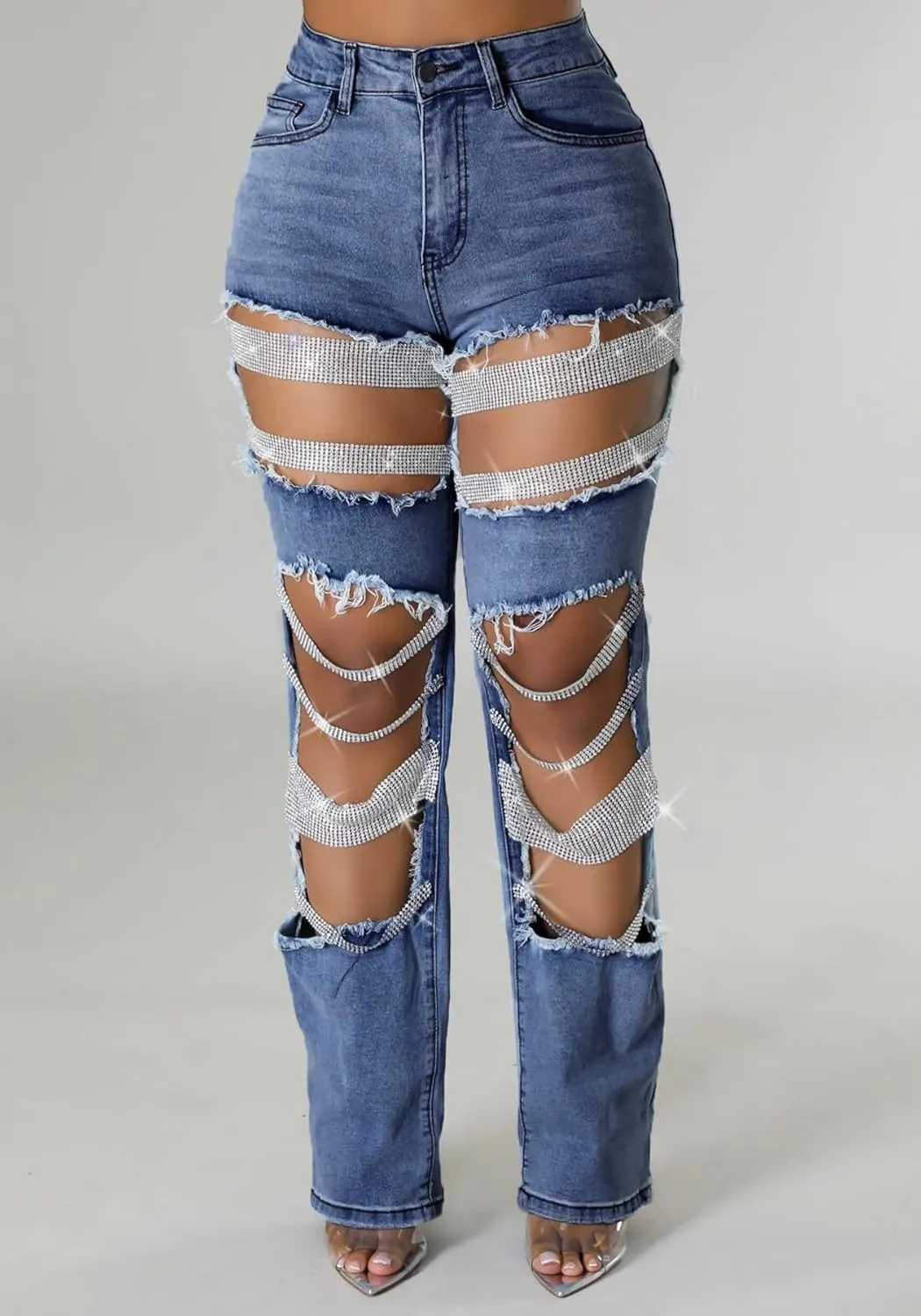Women Sexy Rhinestone Ripped Jeans High Waist Cutout Pearl Chains Straight Wide Leg Denim Pants for Party Club Night