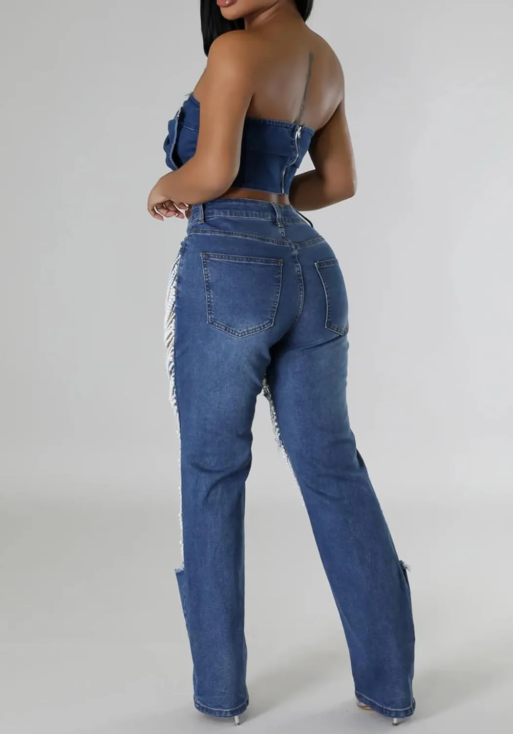 Women Sexy Rhinestone Ripped Jeans High Waist Cutout Pearl Chains Straight Wide Leg Denim Pants for Party Club Night
