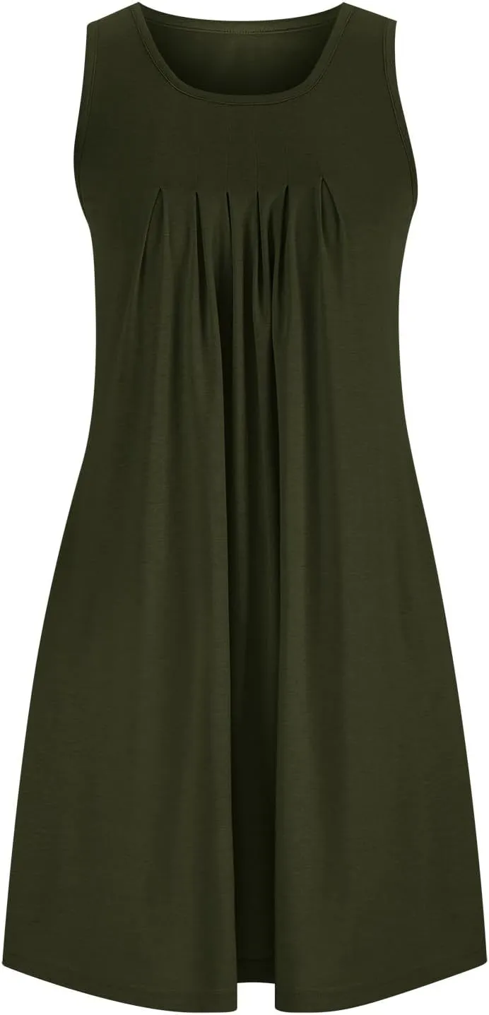 Women Summer Beach Cover Up Mini Dress Casual Sleeveless Pleated V Neck Tunic Dresses Resort Flowy Sundress with Pockets