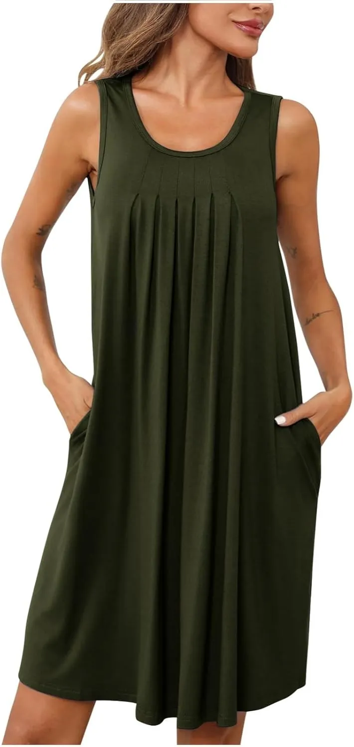Women Summer Beach Cover Up Mini Dress Casual Sleeveless Pleated V Neck Tunic Dresses Resort Flowy Sundress with Pockets