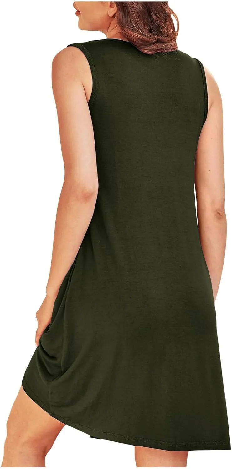 Women Summer Beach Cover Up Mini Dress Casual Sleeveless Pleated V Neck Tunic Dresses Resort Flowy Sundress with Pockets
