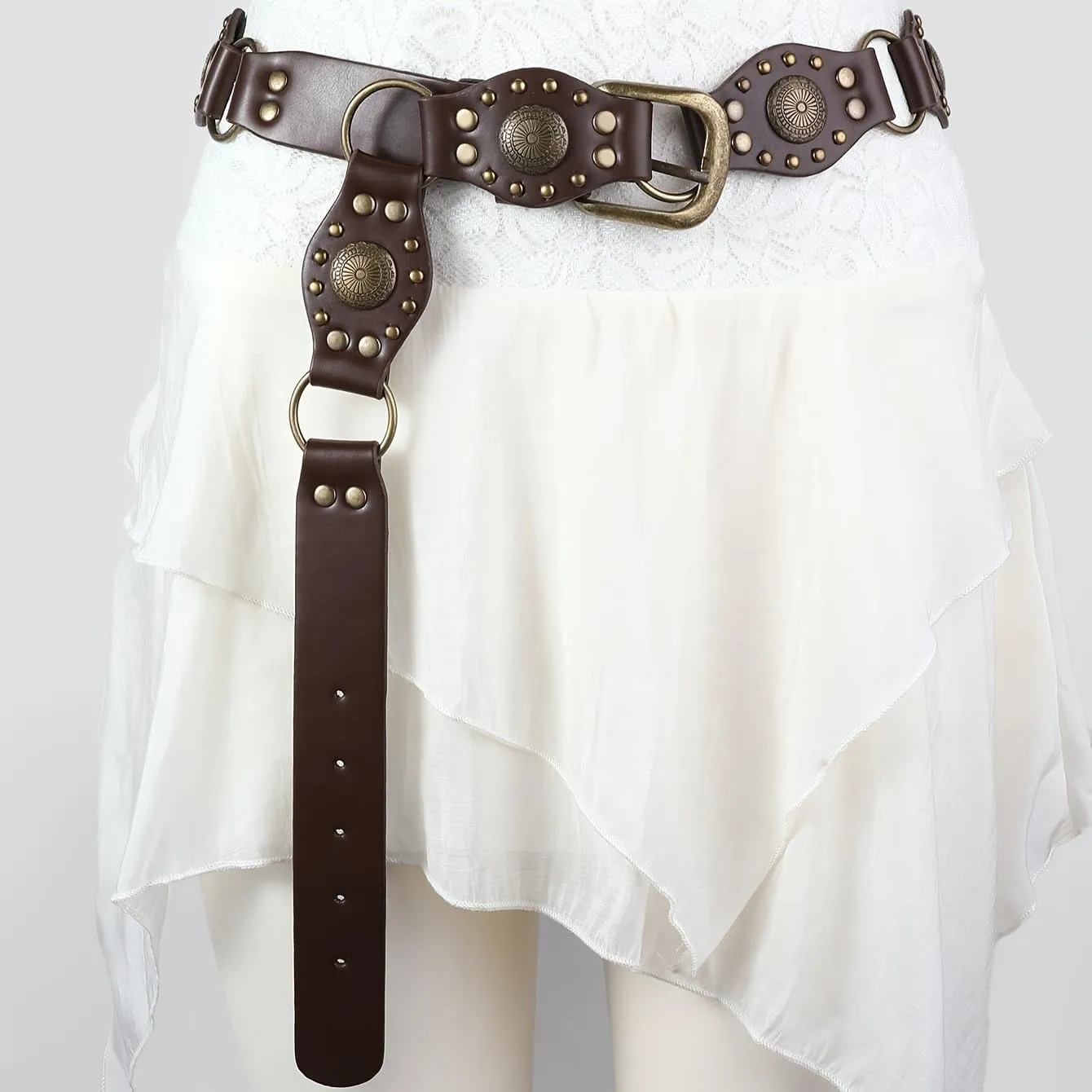 Women Western-Belts Wide-Hollow-Disc-Leather-Belt Metal Buckle Vintage Soft Belt for Jeans Dresses