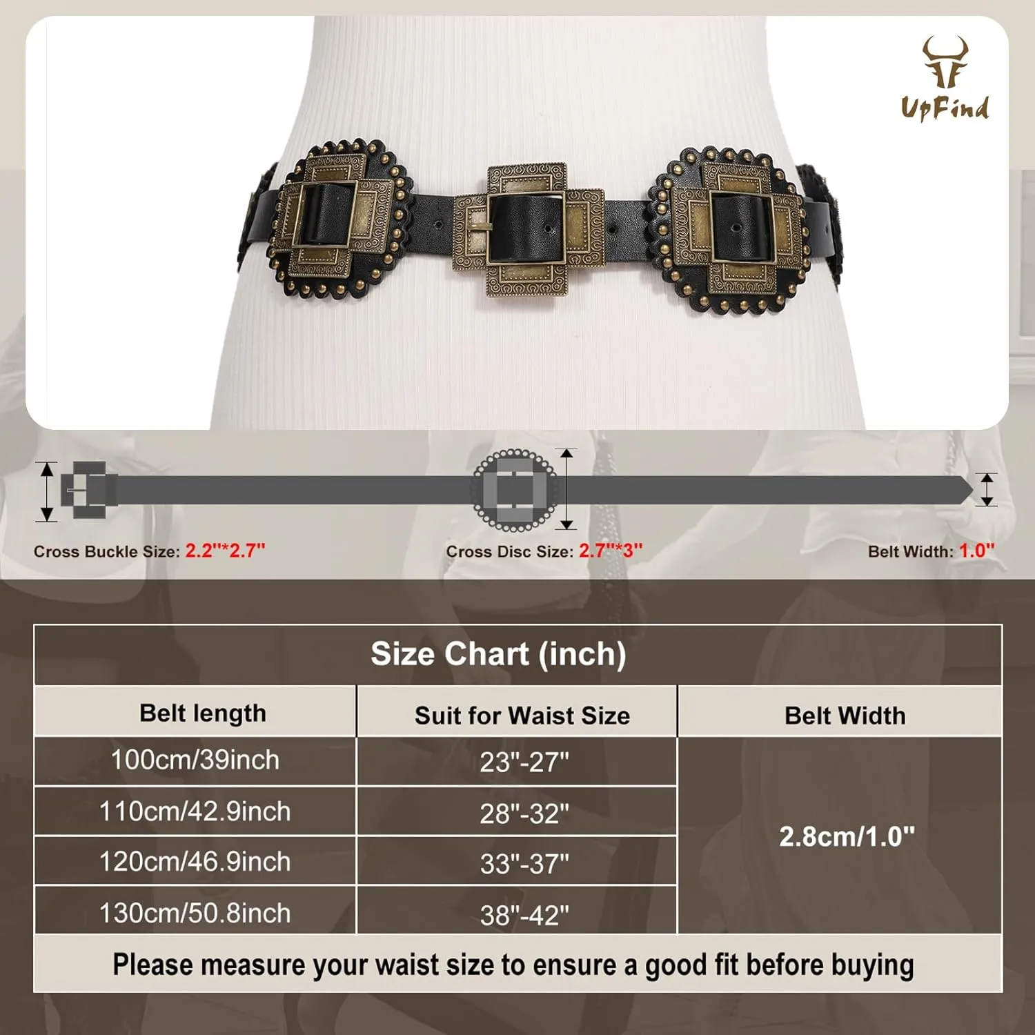 Women Western Concho Belt Leather Cowgirl Wide Boho Belt for Dresses Jeans