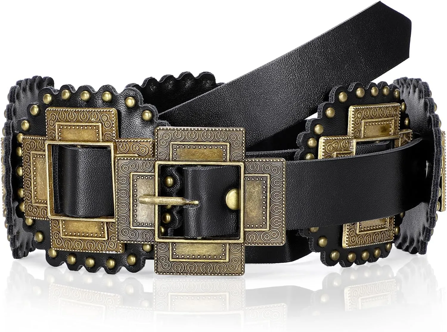 Women Western Concho Belt Leather Cowgirl Wide Boho Belt for Dresses Jeans
