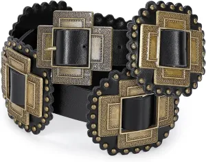 Women Western Concho Belt Leather Cowgirl Wide Boho Belt for Dresses Jeans