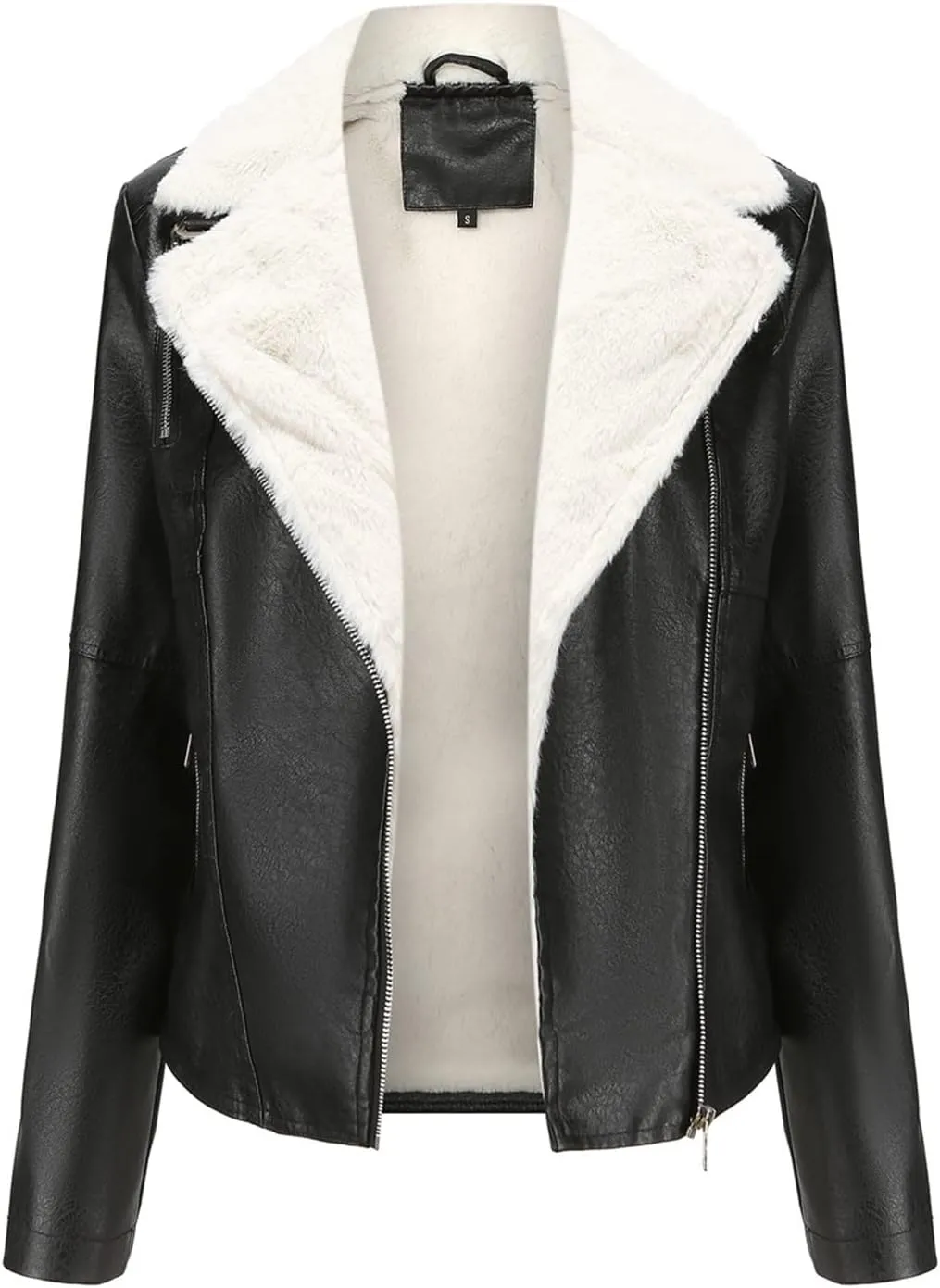 Women Winter Leather Jacket Thicken Fleece Lined Motorcycle Jacket Faux Fur Shearling Fluffy Coat Cropped Bomber Jacket