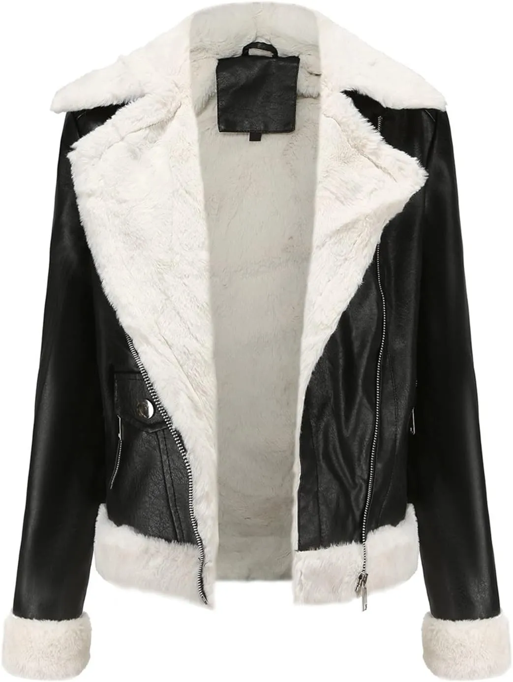 Women Winter Leather Jacket Thicken Fleece Lined Motorcycle Jacket Faux Fur Shearling Fluffy Coat Cropped Bomber Jacket