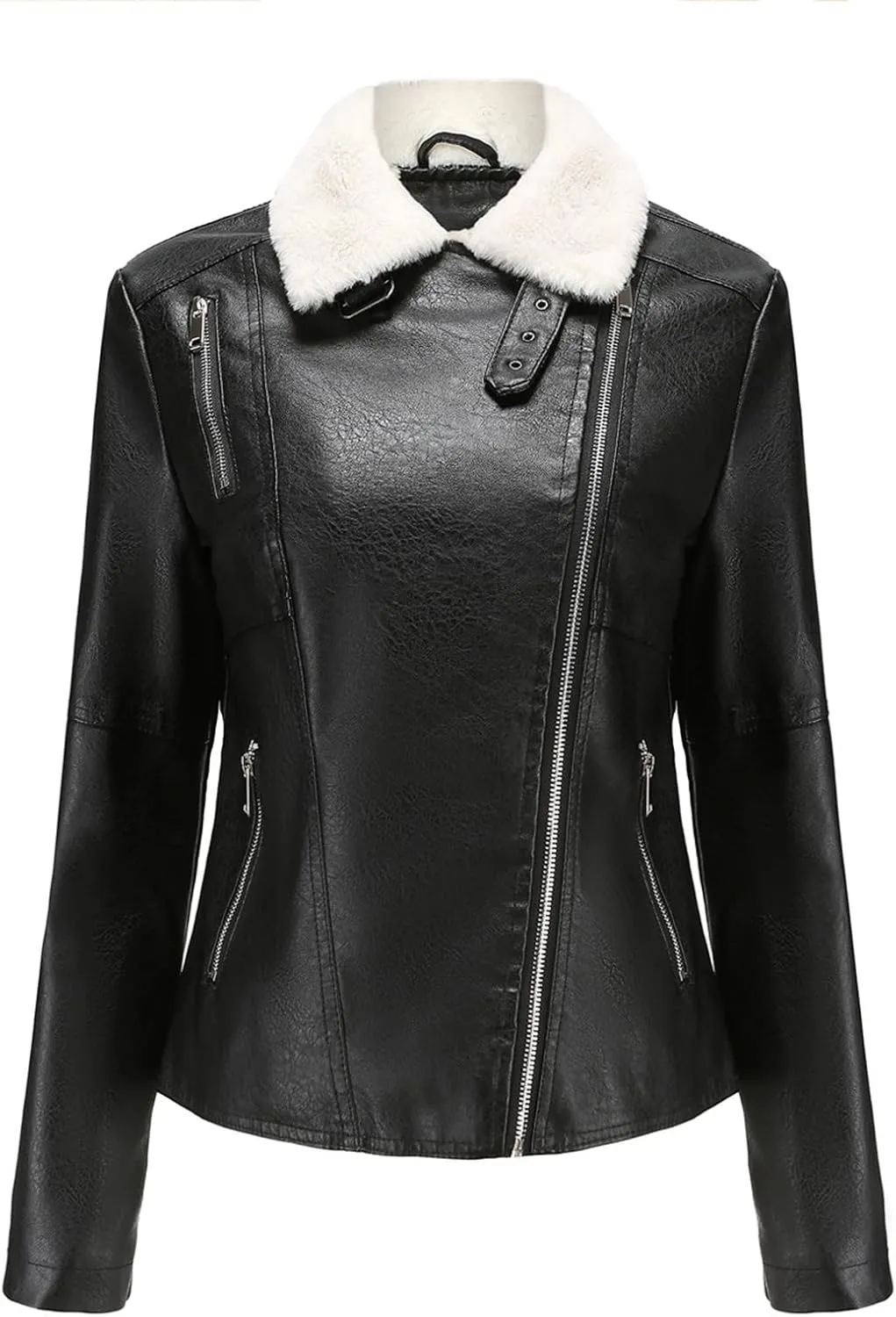 Women Winter Leather Jacket Thicken Fleece Lined Motorcycle Jacket Faux Fur Shearling Fluffy Coat Cropped Bomber Jacket