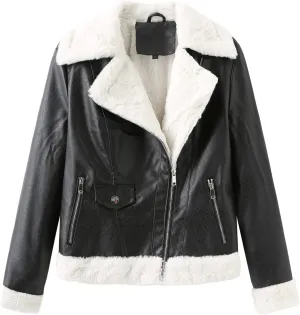 Women Winter Leather Jacket Thicken Fleece Lined Motorcycle Jacket Faux Fur Shearling Fluffy Coat Cropped Bomber Jacket