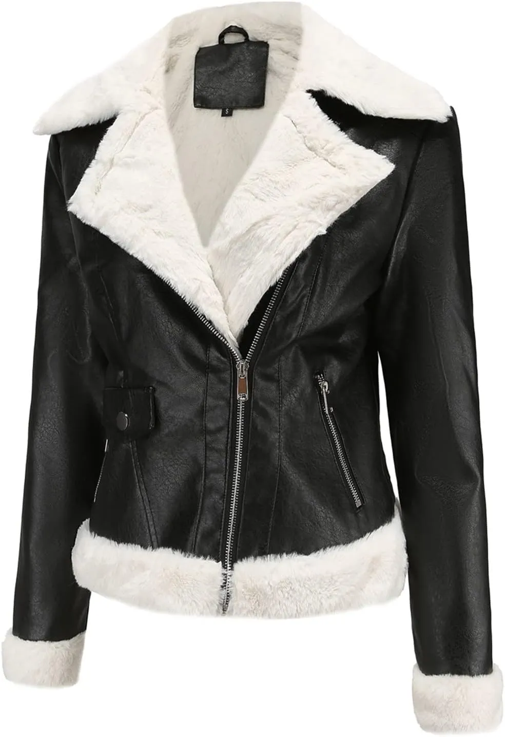Women Winter Leather Jacket Thicken Fleece Lined Motorcycle Jacket Faux Fur Shearling Fluffy Coat Cropped Bomber Jacket