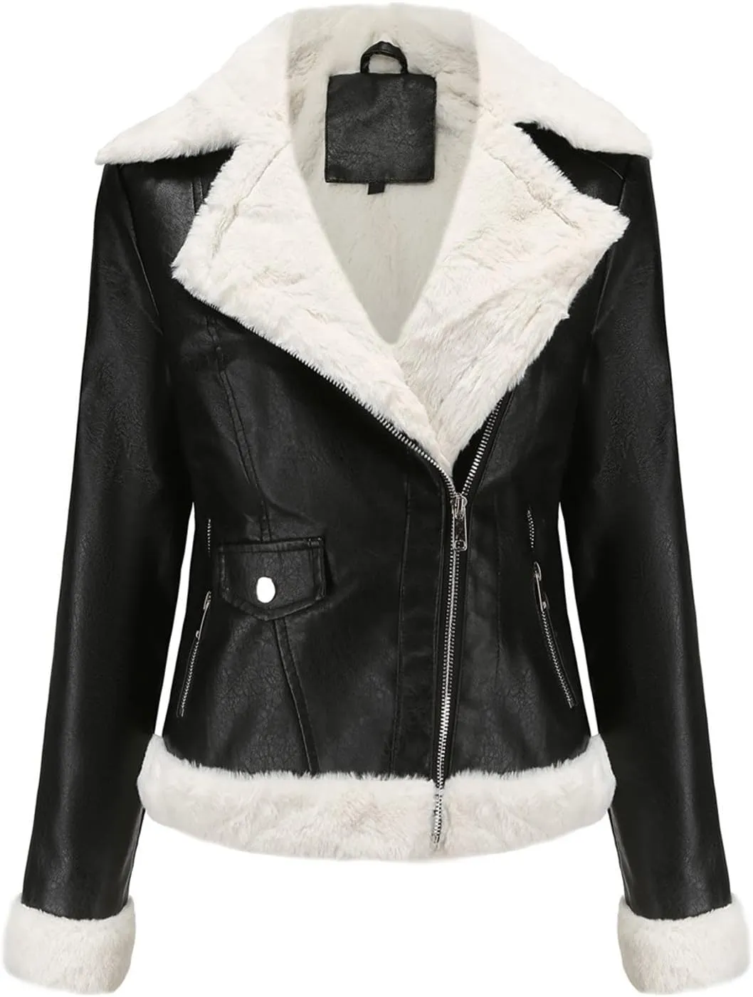 Women Winter Leather Jacket Thicken Fleece Lined Motorcycle Jacket Faux Fur Shearling Fluffy Coat Cropped Bomber Jacket