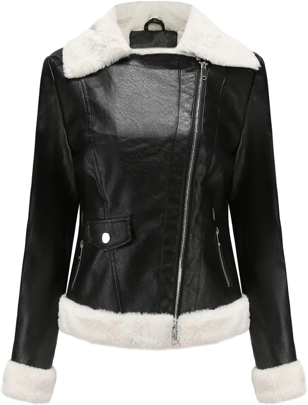 Women Winter Leather Jacket Thicken Fleece Lined Motorcycle Jacket Faux Fur Shearling Fluffy Coat Cropped Bomber Jacket