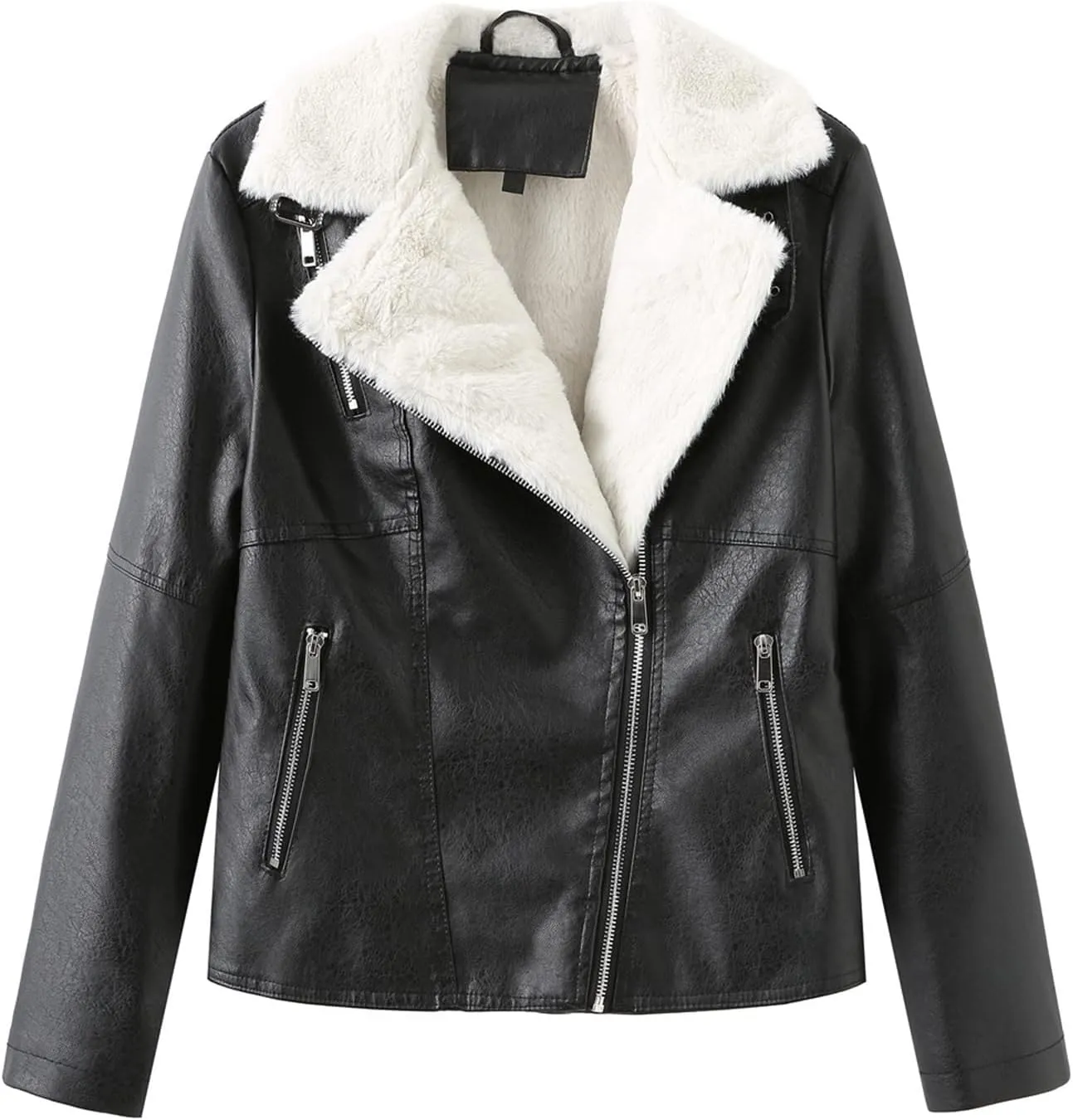 Women Winter Leather Jacket Thicken Fleece Lined Motorcycle Jacket Faux Fur Shearling Fluffy Coat Cropped Bomber Jacket