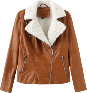 Women Winter Leather Jacket Thicken Fleece Lined Motorcycle Jacket Faux Fur Shearling Fluffy Coat Cropped Bomber Jacket
