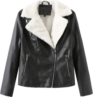 Women Winter Leather Jacket Thicken Fleece Lined Motorcycle Jacket Faux Fur Shearling Fluffy Coat Cropped Bomber Jacket