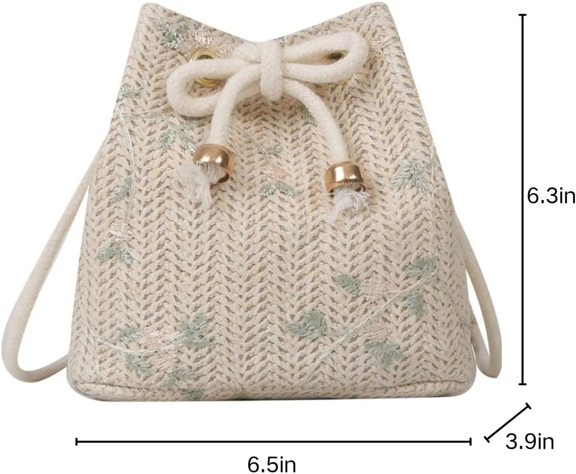 Women Woven Straw Bucket Bag, Drawstring Small Crossbody Tote Purses,Embroidery Vacation Handbags for Summer Beach