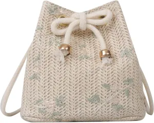 Women Woven Straw Bucket Bag, Drawstring Small Crossbody Tote Purses,Embroidery Vacation Handbags for Summer Beach