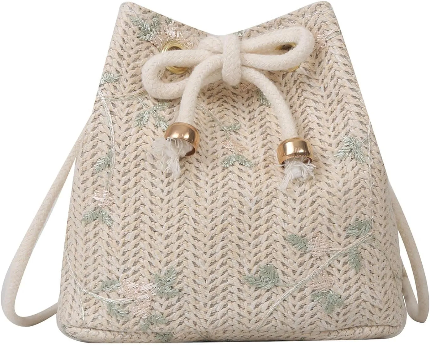 Women Woven Straw Bucket Bag, Drawstring Small Crossbody Tote Purses,Embroidery Vacation Handbags for Summer Beach