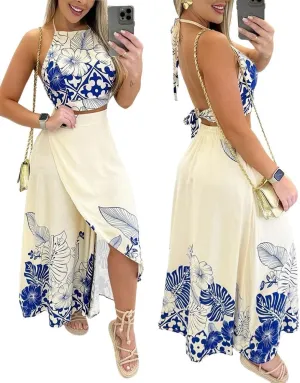 Women's 2 Piece Outfits Tropical Print Halter Sleeveless Crop Top Summer Party Slit Long Skirt Set