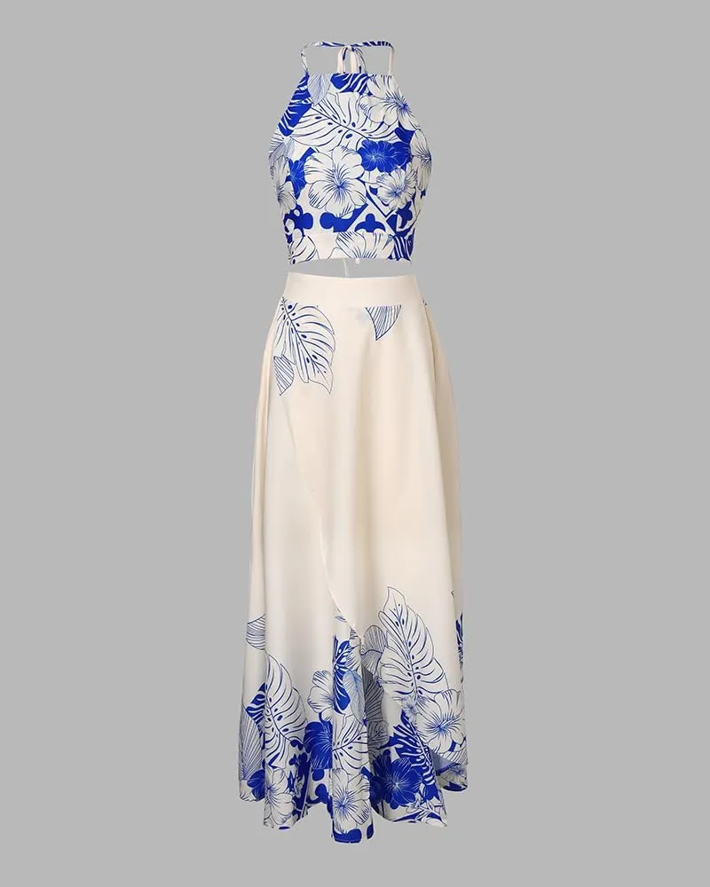 Women's 2 Piece Outfits Tropical Print Halter Sleeveless Crop Top Summer Party Slit Long Skirt Set