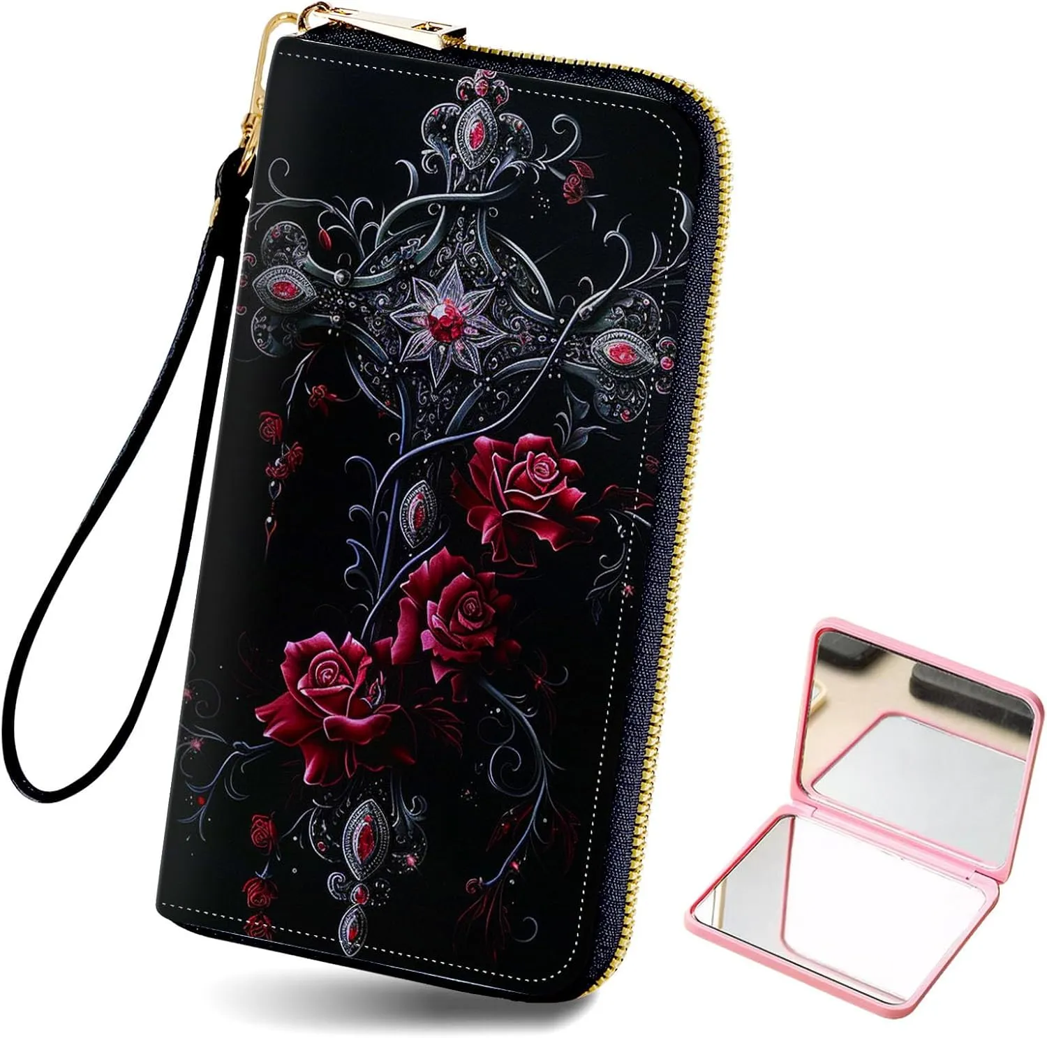 Women's Card Holder Wristlet Wallet, Convenient Travel Long Wallet with Strap and Pink Compact Mirror, Fashion and Sturdy Wristlet Long Purse for Women, Rose Art Cross