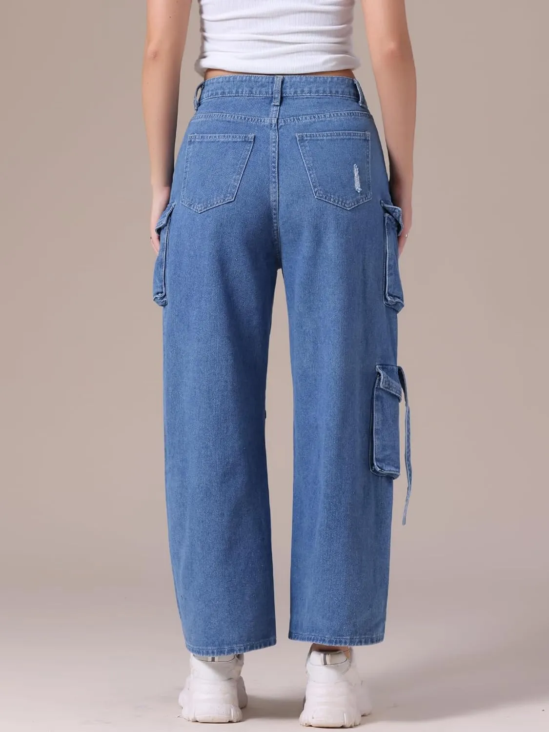 Women's Cargo Jeans Straight Wide Leg High Waist 8 Pockets Casual Baggy Denim Pants