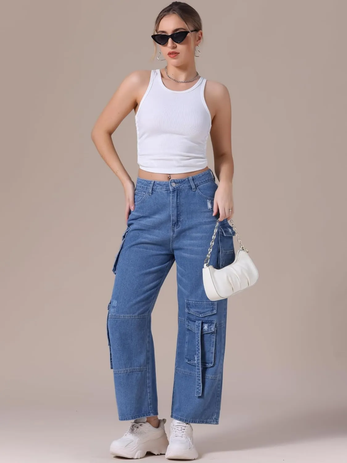 Women's Cargo Jeans Straight Wide Leg High Waist 8 Pockets Casual Baggy Denim Pants