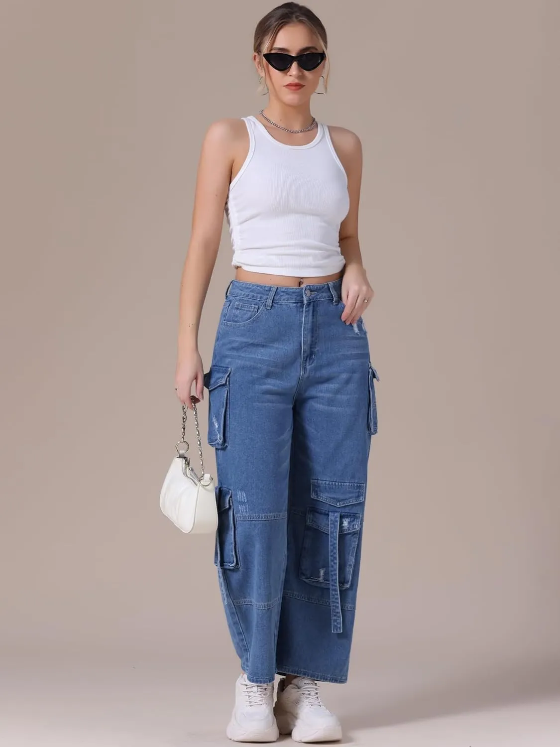 Women's Cargo Jeans Straight Wide Leg High Waist 8 Pockets Casual Baggy Denim Pants