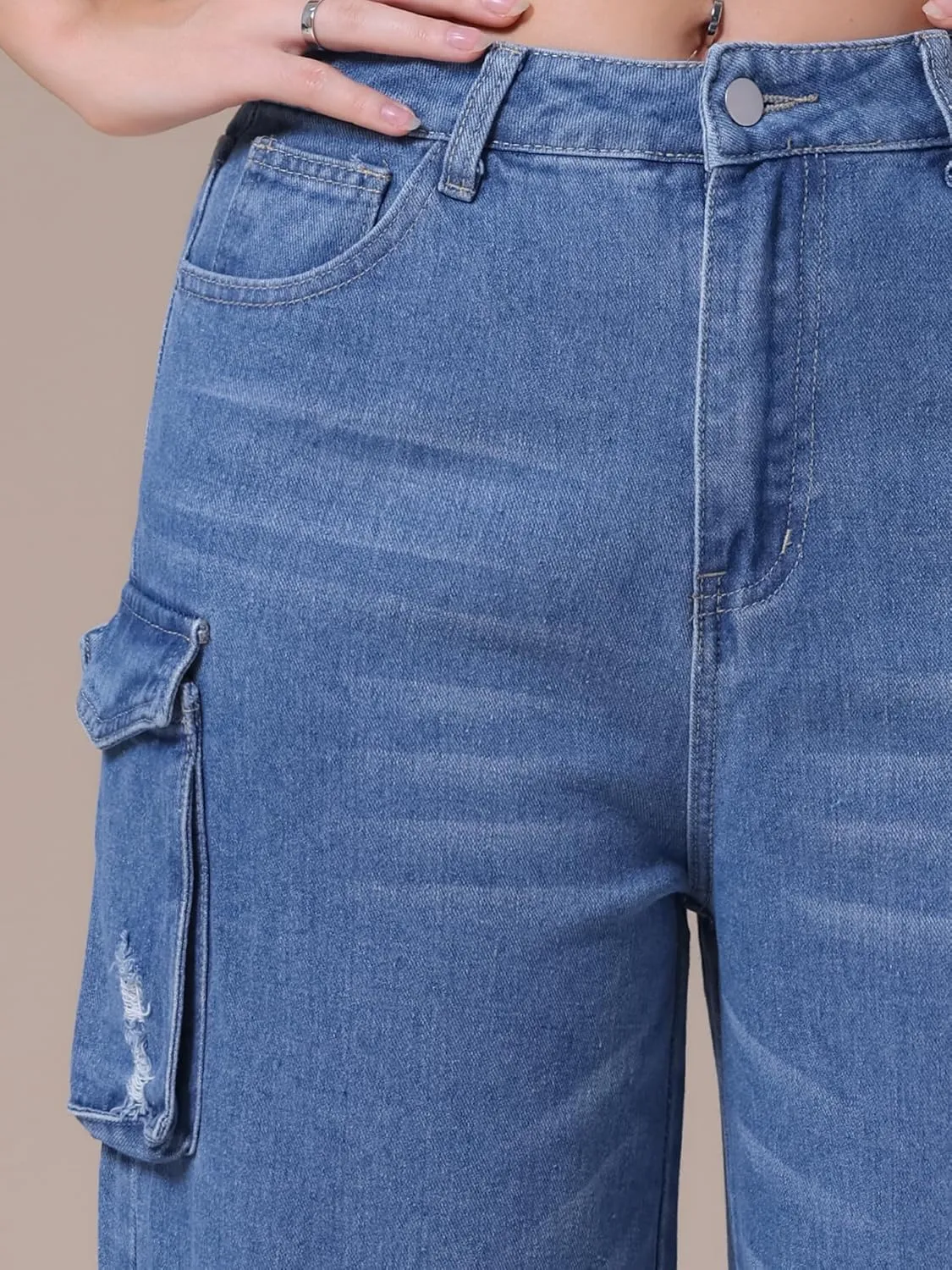 Women's Cargo Jeans Straight Wide Leg High Waist 8 Pockets Casual Baggy Denim Pants